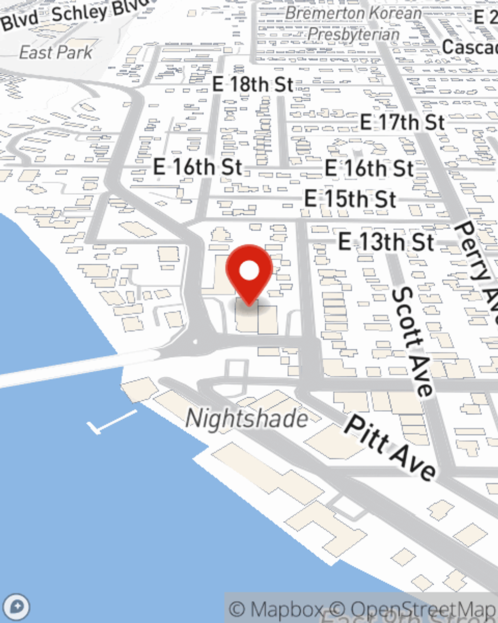 Map showing State Farm Agent John Stephens's office at 1100 Wheaton Way, Suite A, Bremerton, WA