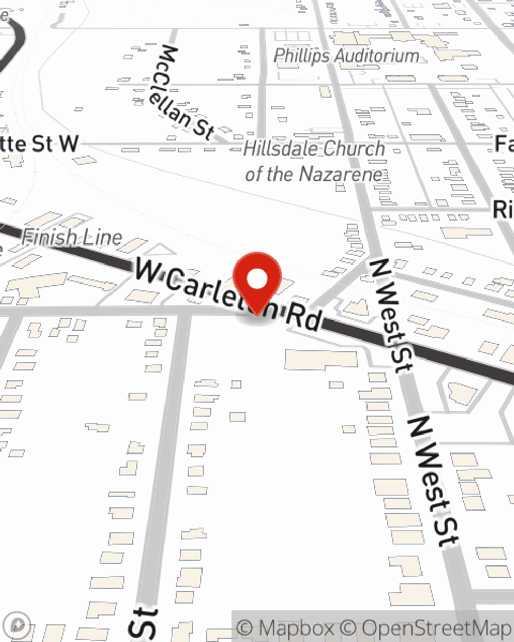 Map showing State Farm Agent Jason Adcock's office at 8 W Carleton Rd, Hillsdale, MI