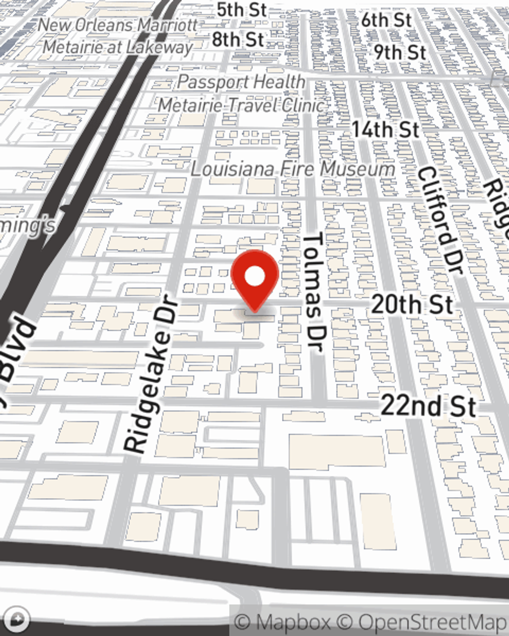 Map showing State Farm Agent Tony Spell's office at 3008 20th Street Suite D Metairie, LA