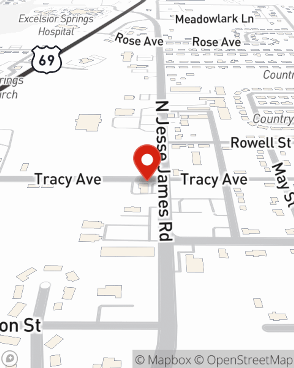 Map showing State Farm Agent Joe Edmondson's office at 1024 N Jesse James Road, Excelsior Spg, MO