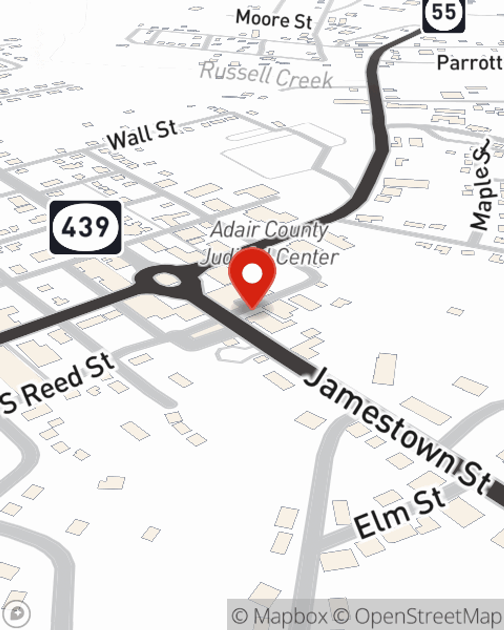 Map showing State Farm Agent Jill Smith's office at 107 Jamestown Street, P O Box 489, Columbia, KY