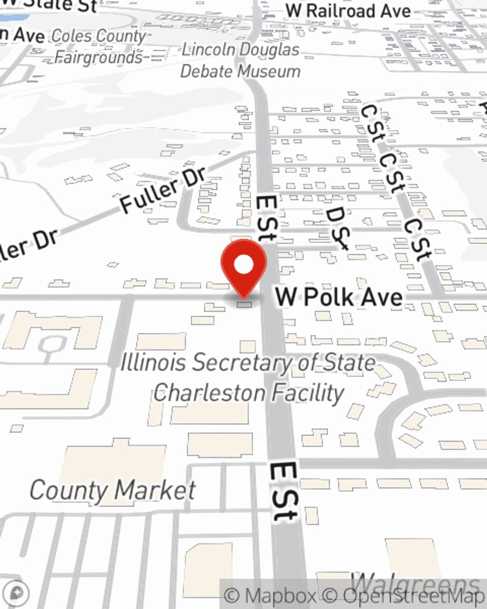 Map showing State Farm Agent Leon Gobczynski's office at 1004 E Street, Charleston, IL