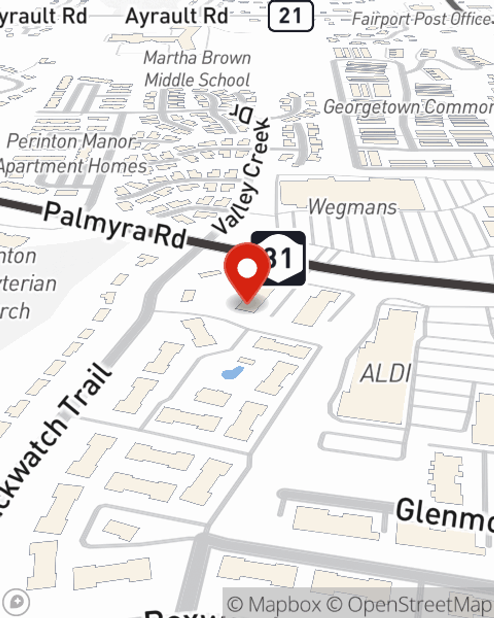 Map showing State Farm Agent Ryan Bush's office at 6605 Pittsford Palmyra Rd Ste E1 Fairport, NY