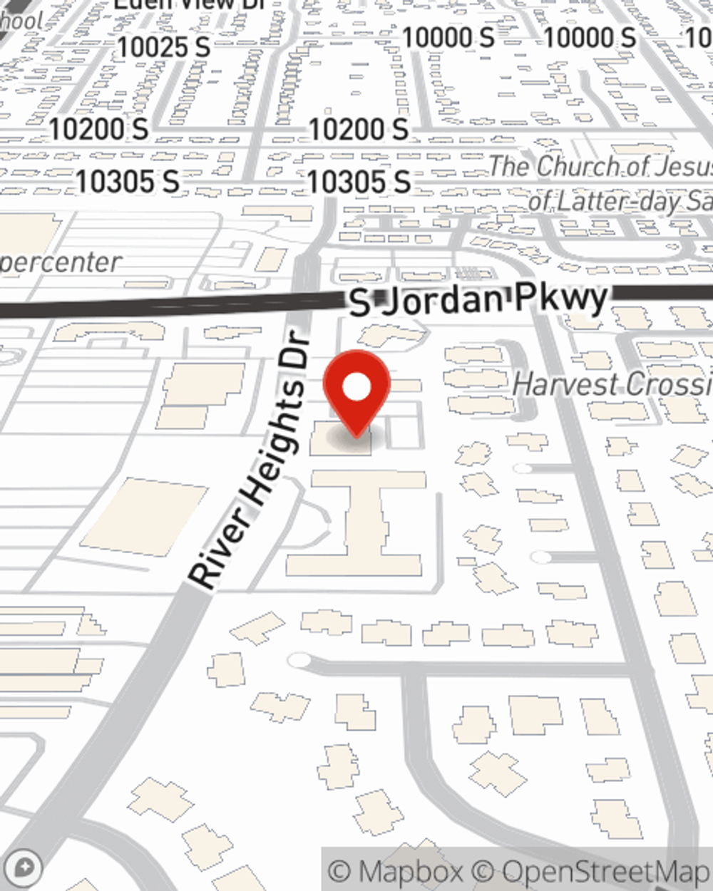 Map showing State Farm Agent Olga Serrato's office at 10509 South River Heights Dr, SUITE 101-A, S JORDAN, UT