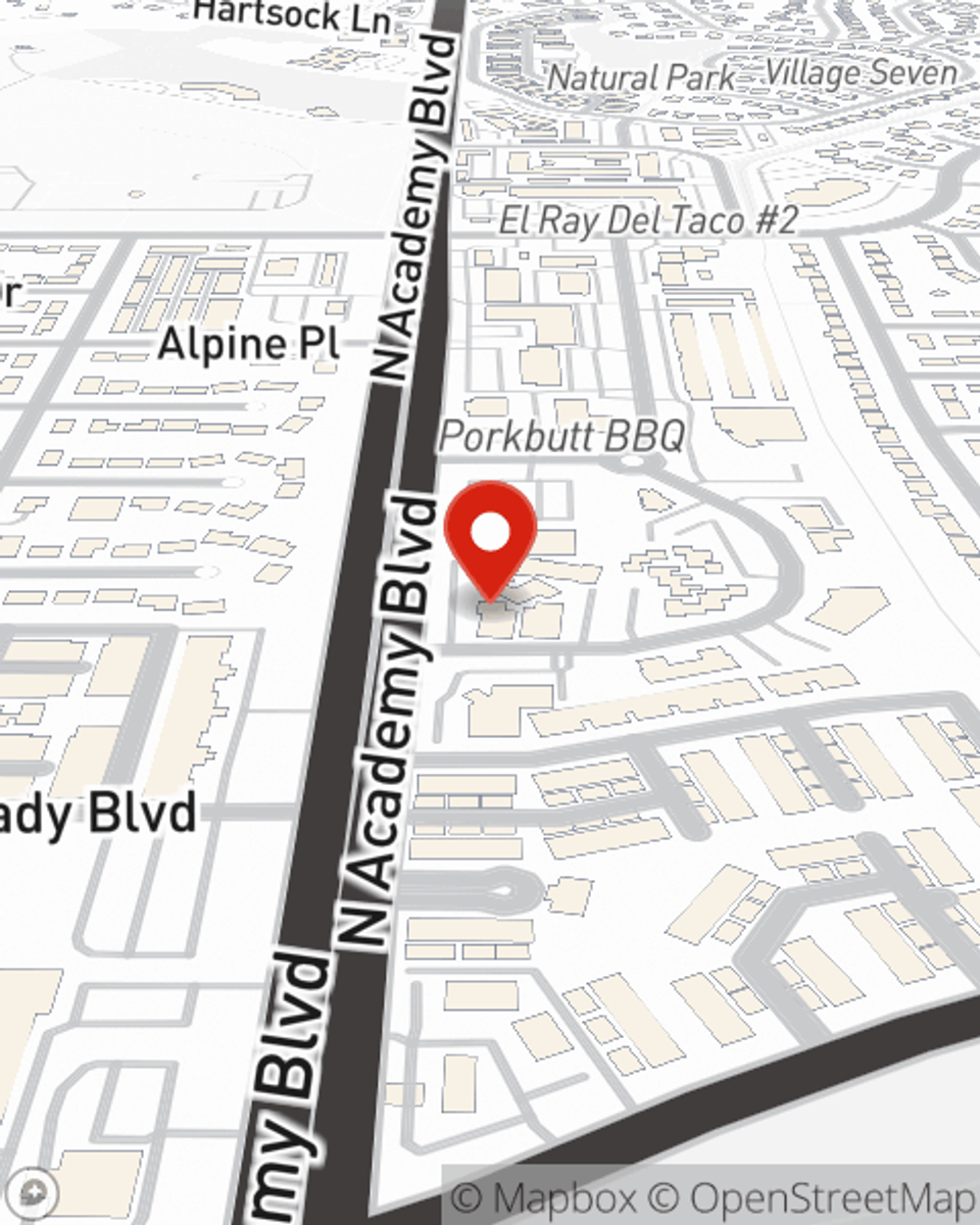 Map showing State Farm Agent Mike Wuest's office at 2125 North Academy Blvd, Colorado Spgs, CO