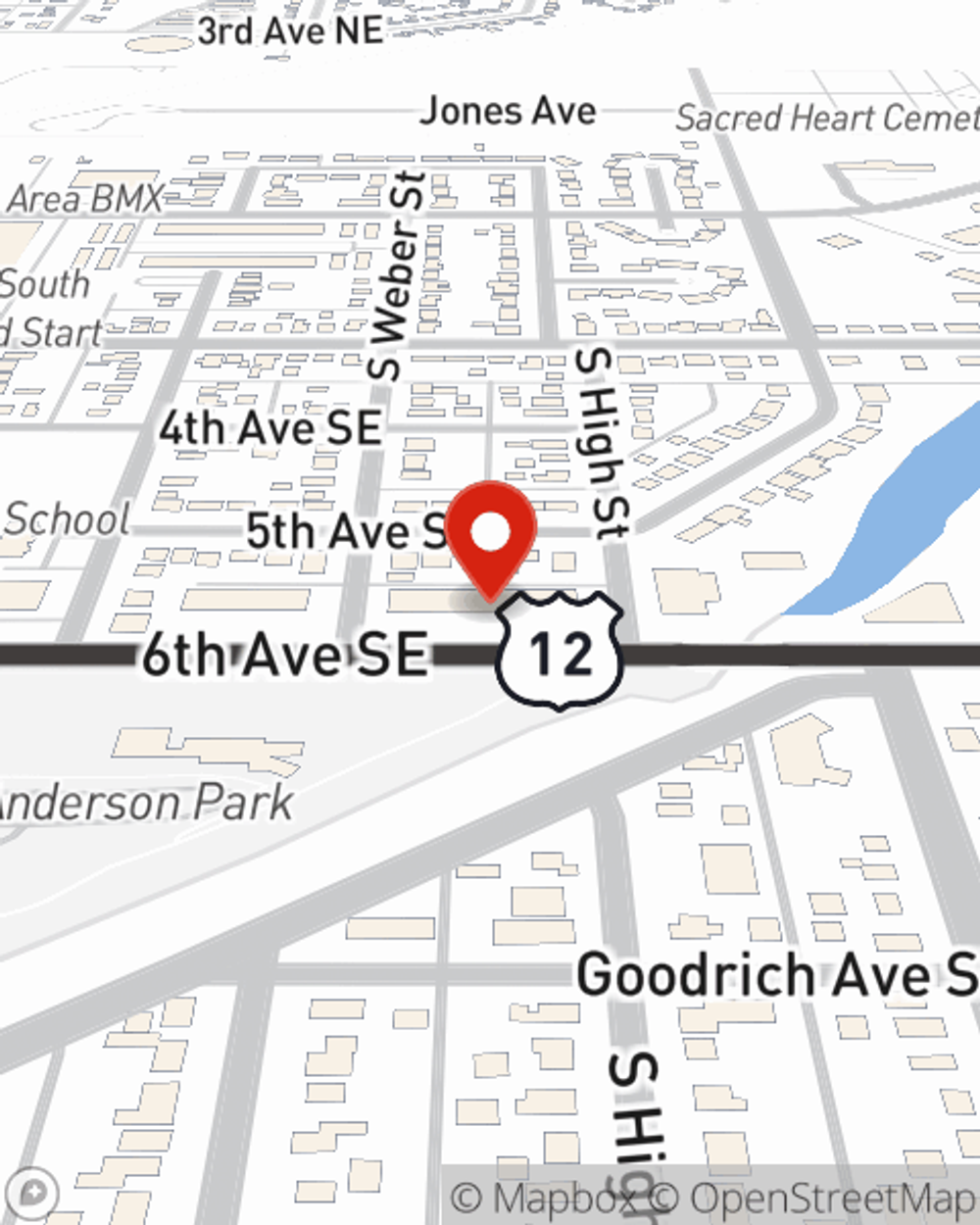 Map showing State Farm Agent Jared Pearson's office at 1409 6th Avenue SE Suite 2, Aberdeen, SD