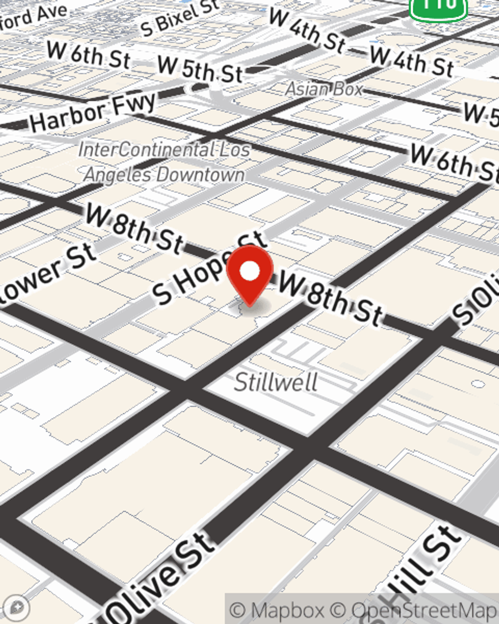 Map showing State Farm Agent Frank Garcia's office at 801 S. Grand Unit 1306, Los Angeles, CA