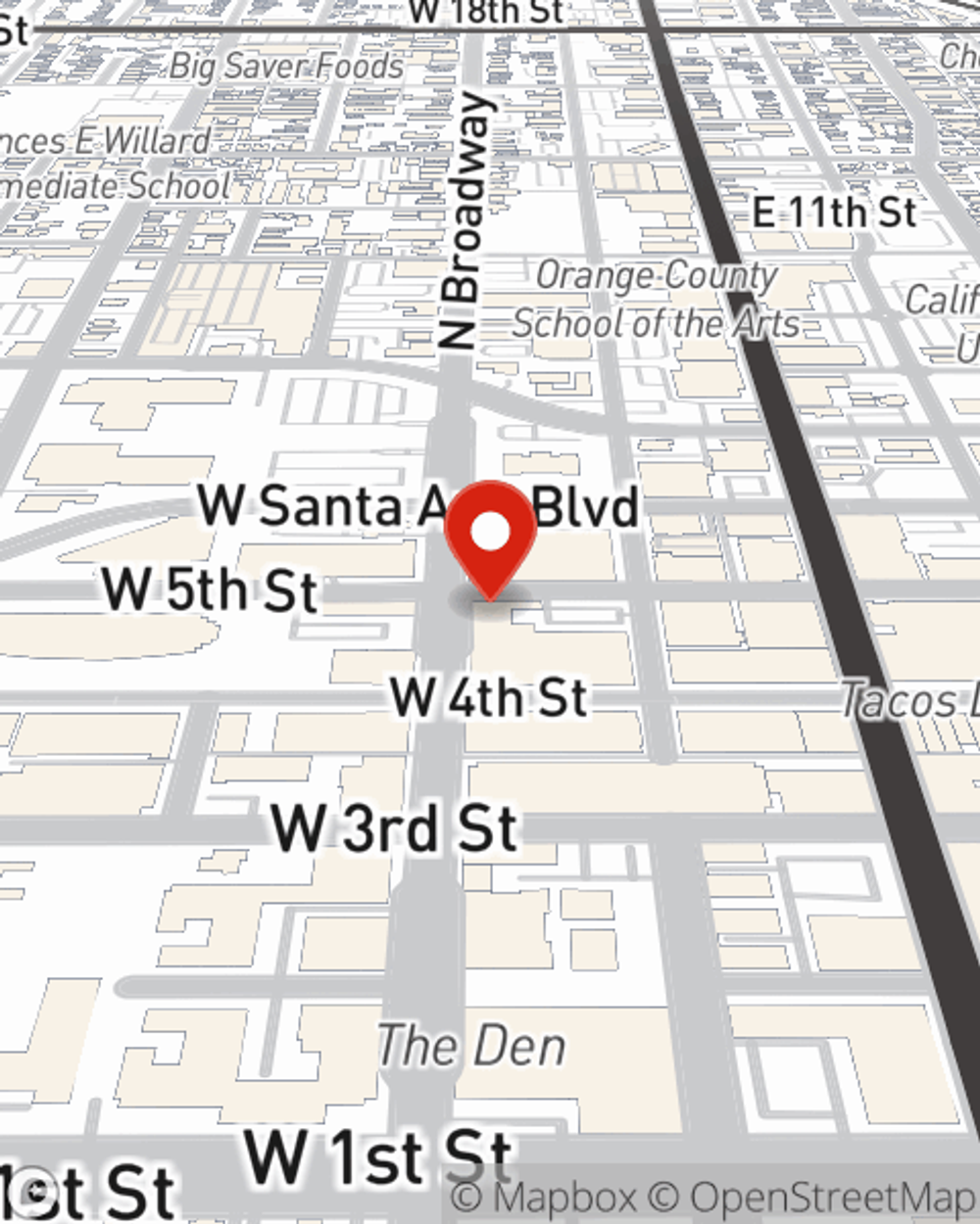 Map showing State Farm Agent Eddie Quillares Jr's office at 415 N. Broadway, Santa Ana, CA