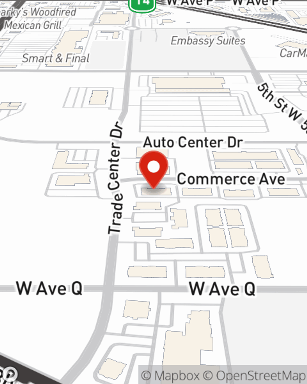 Map showing State Farm Agent Todd Main's office at 650 Commerce Ave STE B, Palmdale, CA