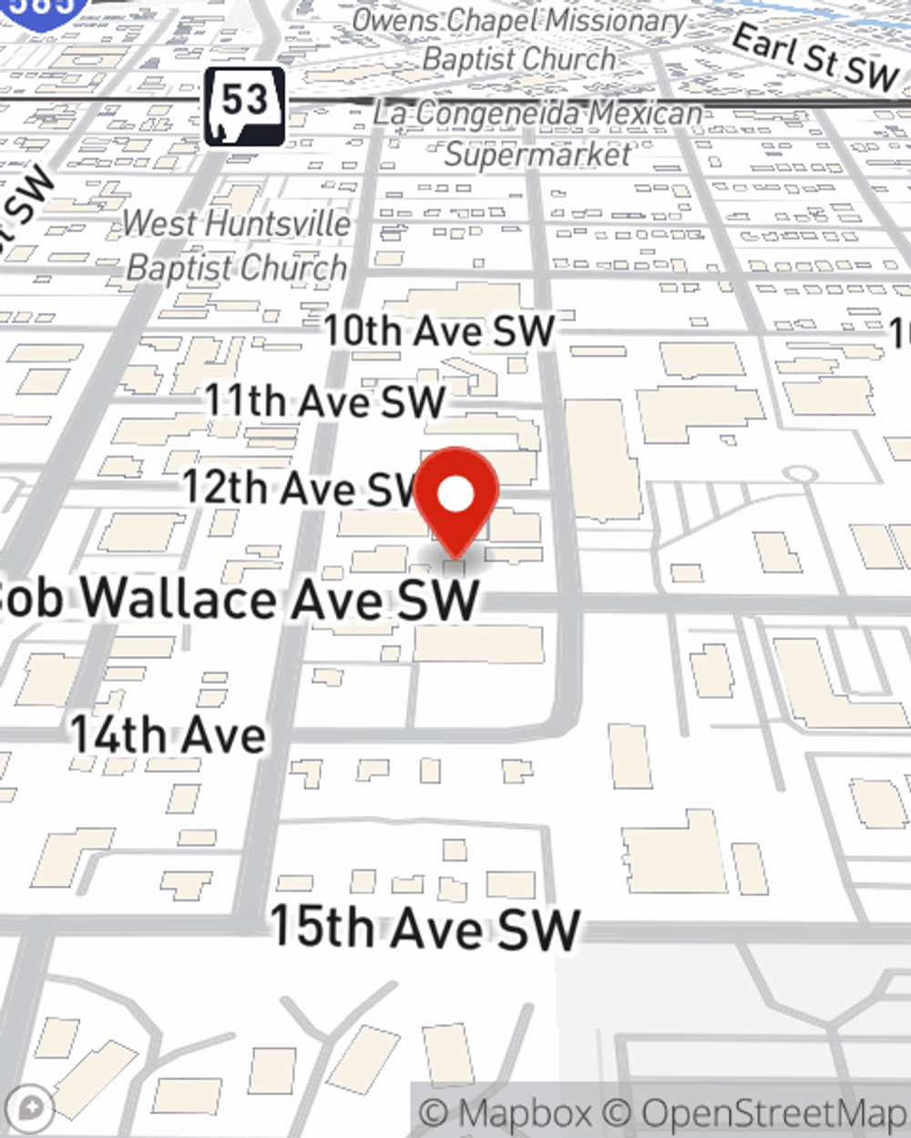 Map showing State Farm Agent Tobias Kelley's office at 3004 Bob Wallace Avenue SW, Huntsville, AL