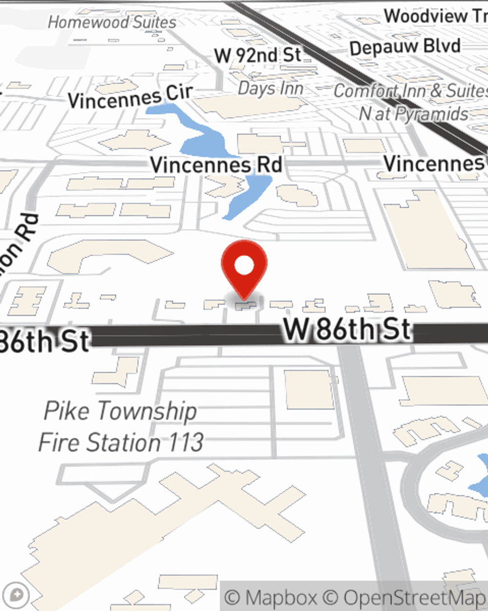 Map showing State Farm Agent Jeff Susong's office at 3838 W 86th Street, Indianapolis, IN