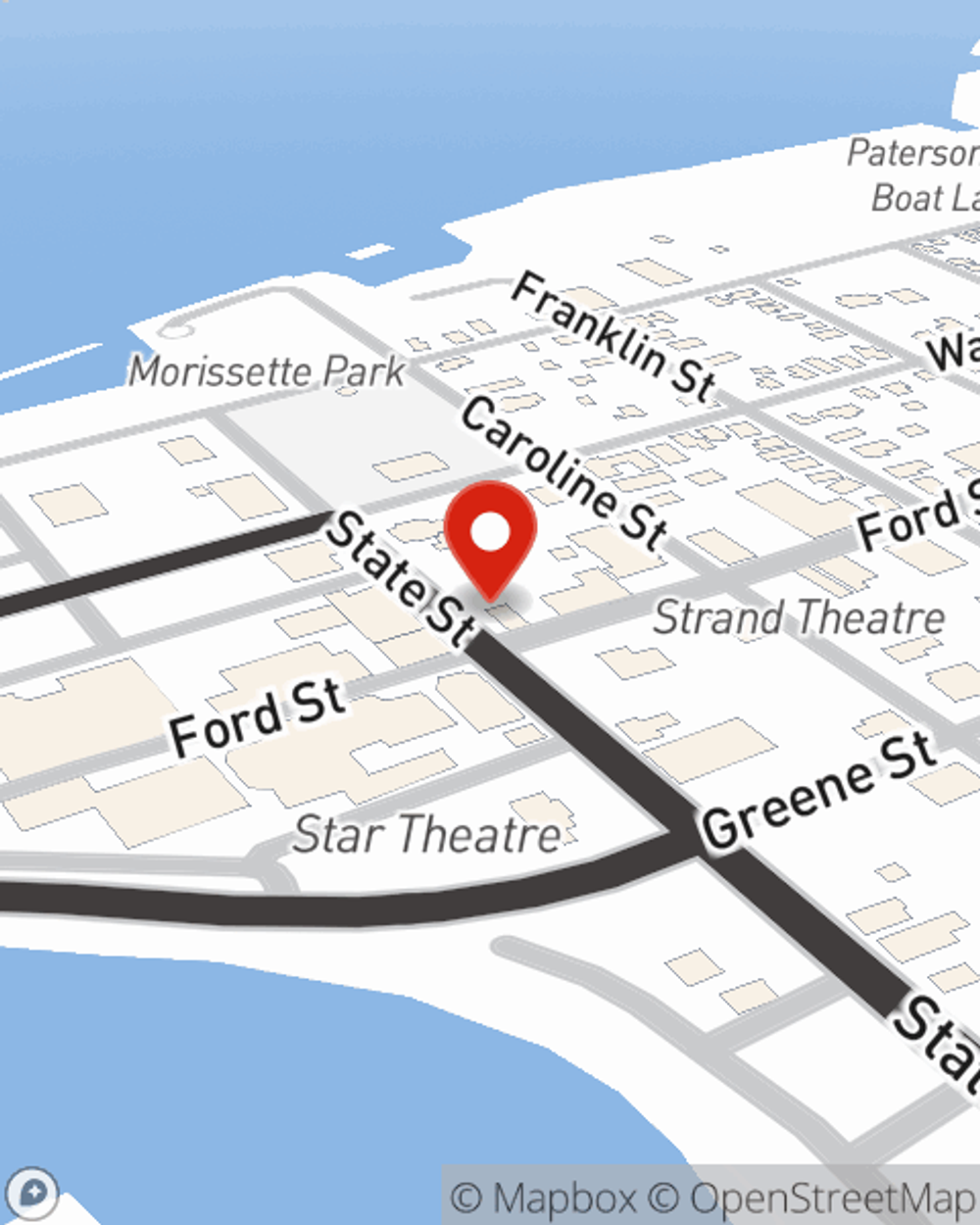 Map showing State Farm Agent Dave LaRose's office at 316 Ford Street, Ogdensburg, NY