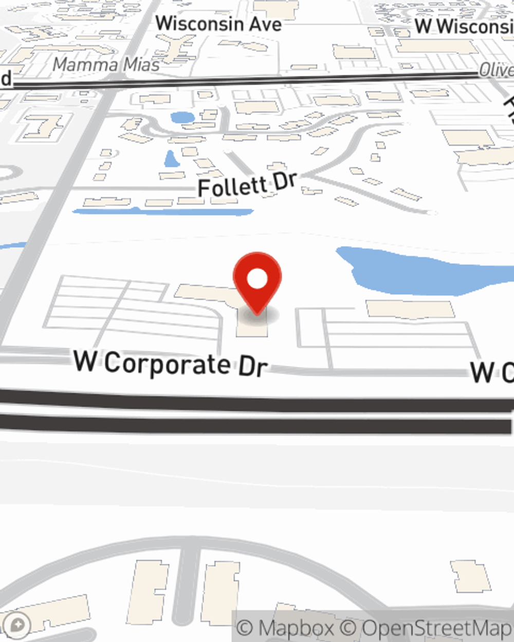 Map showing State Farm Agent Joe Bonow's office at 18650 W. Corporate Dr., STE 122, Brookfield, WI