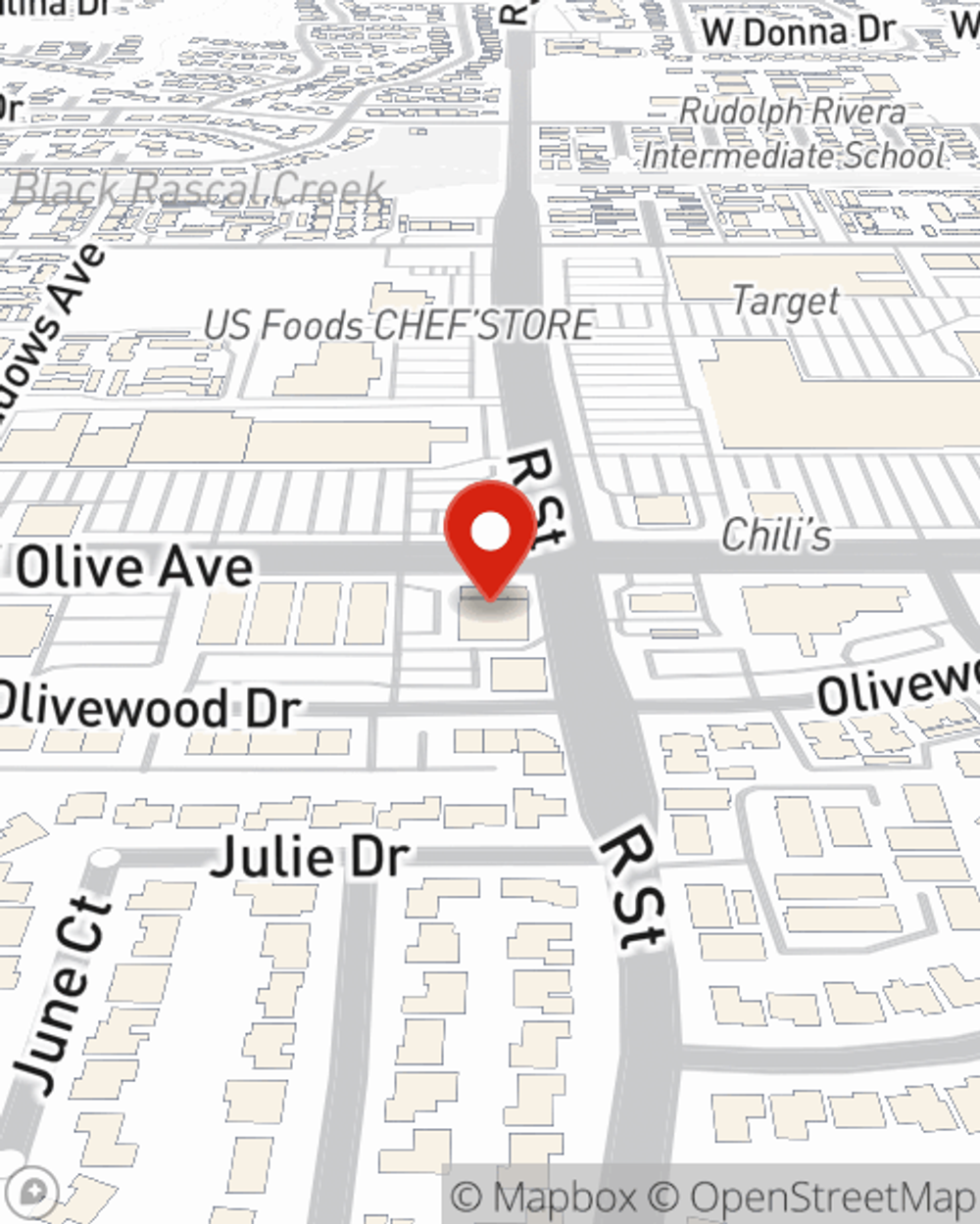 Map showing State Farm Agent Carlos Vasquez's office at 1124 W Olive Avenue Suite 102, Merced, CA