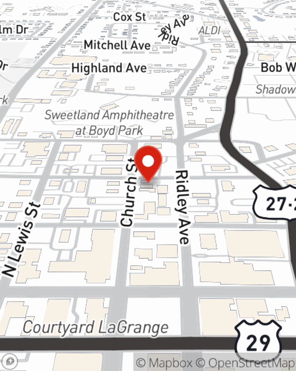 Map showing State Farm Agent Ashley Campbell's office at 208 Church Street, Lagrange, GA