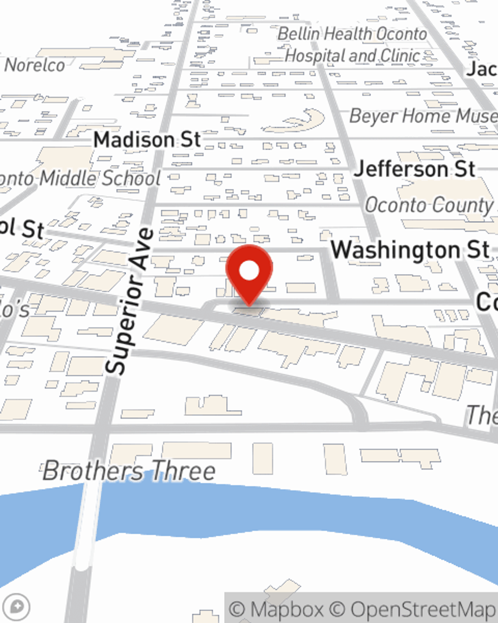 Map showing State Farm Agent Margie Daul's office at 1025 Main St Oconto, WI