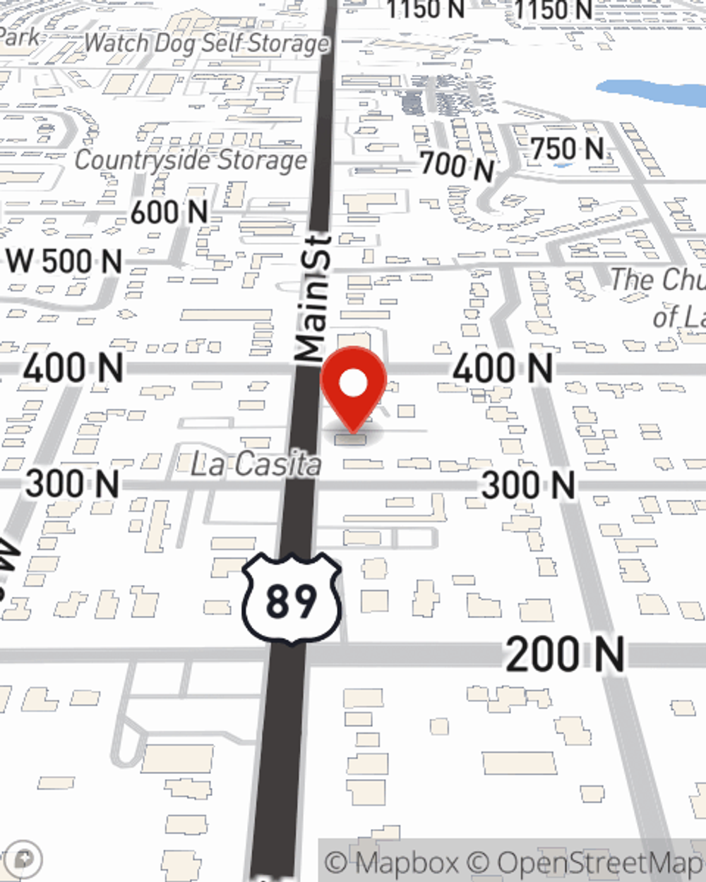 Map showing State Farm Agent Koy Jasperson's office at 330 N Main Street, Springville, UT