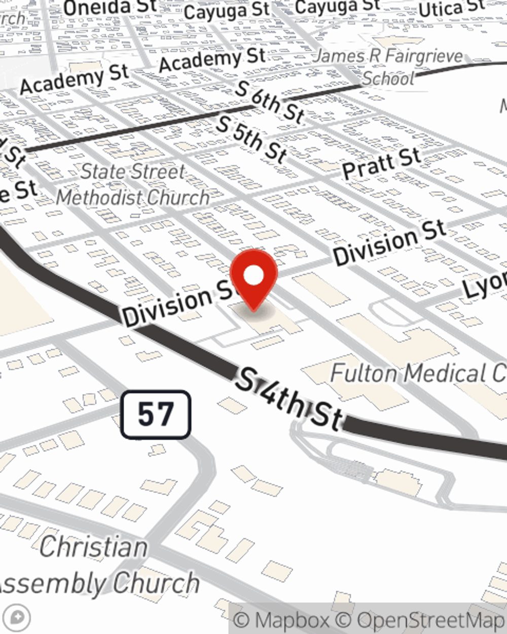 Map showing State Farm Agent Janet Lake's office at 501 1/2 S 2nd St, Fulton, NY