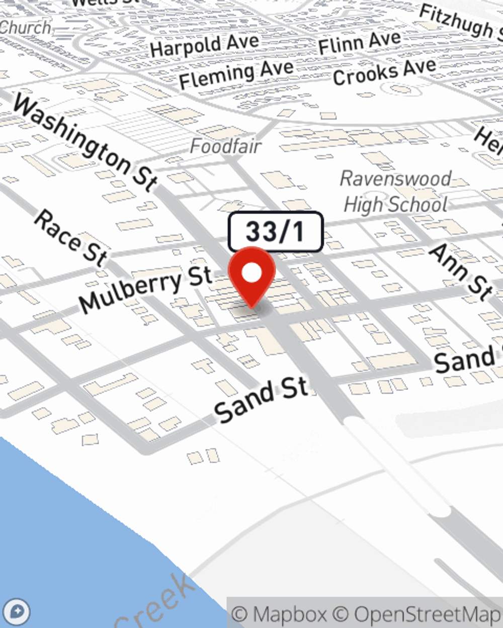 Map showing State Farm Agent Jerrod Sparling's office at 204 Washington Street, Ravenswood, WV
