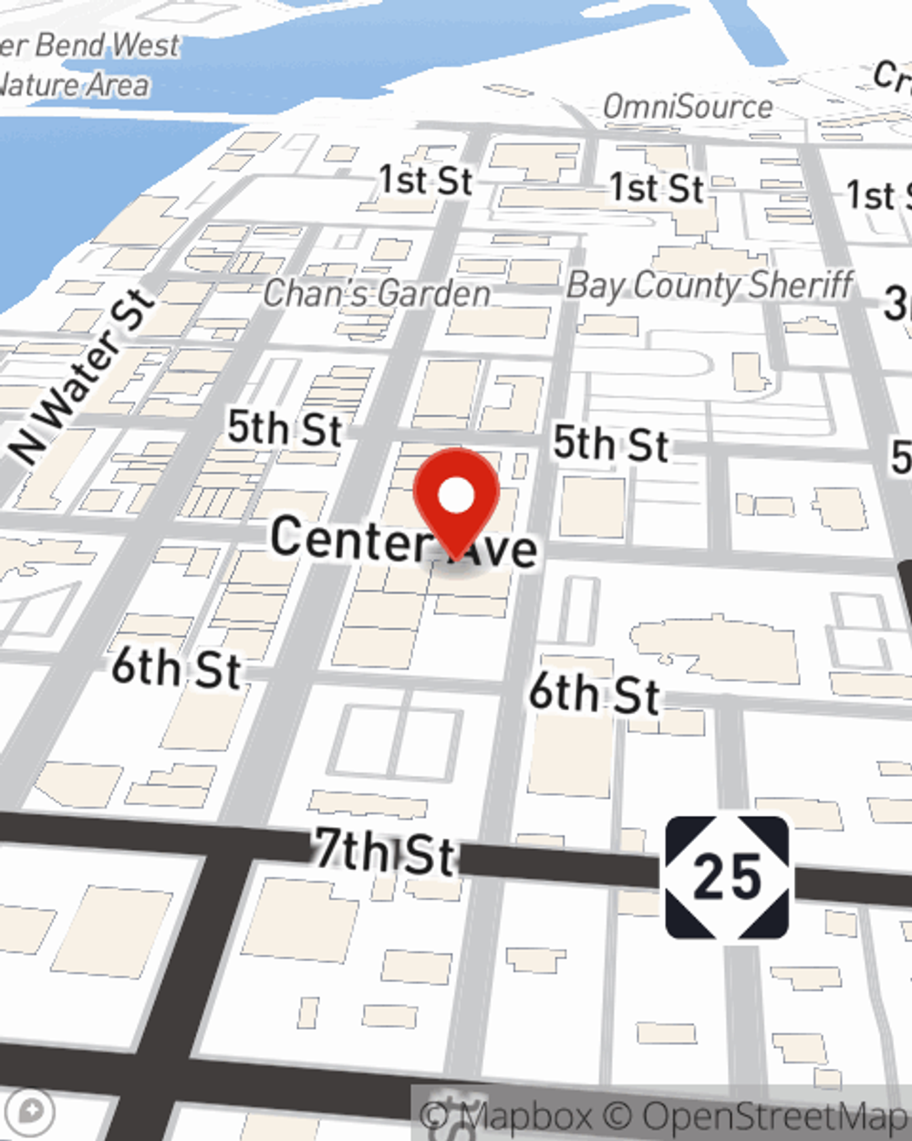 Map showing State Farm Agent Nick Fletcher's office at 306 Center Ave, Bay City, MI