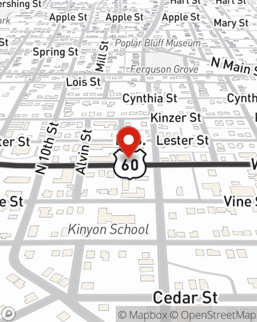 Map showing State Farm Agent Eddy Justice's office at 204 Ferguson, Poplar Bluff, MO
