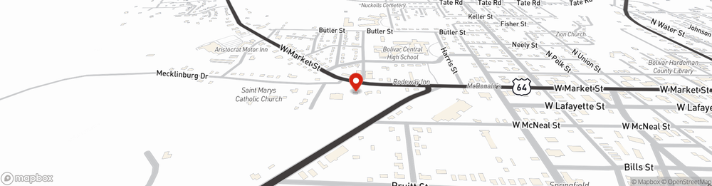 Map showing State Farm Agent Zachary Jaworski's office at 1017 W Market St, Bolivar, TN
