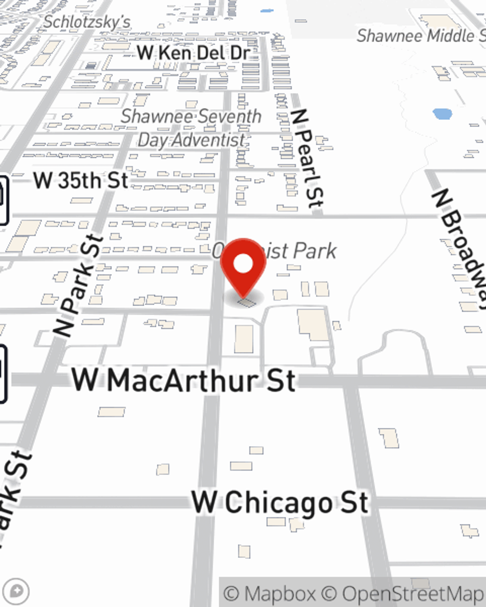 Map showing State Farm Agent Natalie Arnett's office at 120 W. MacArthur St. #150, Shawnee, OK