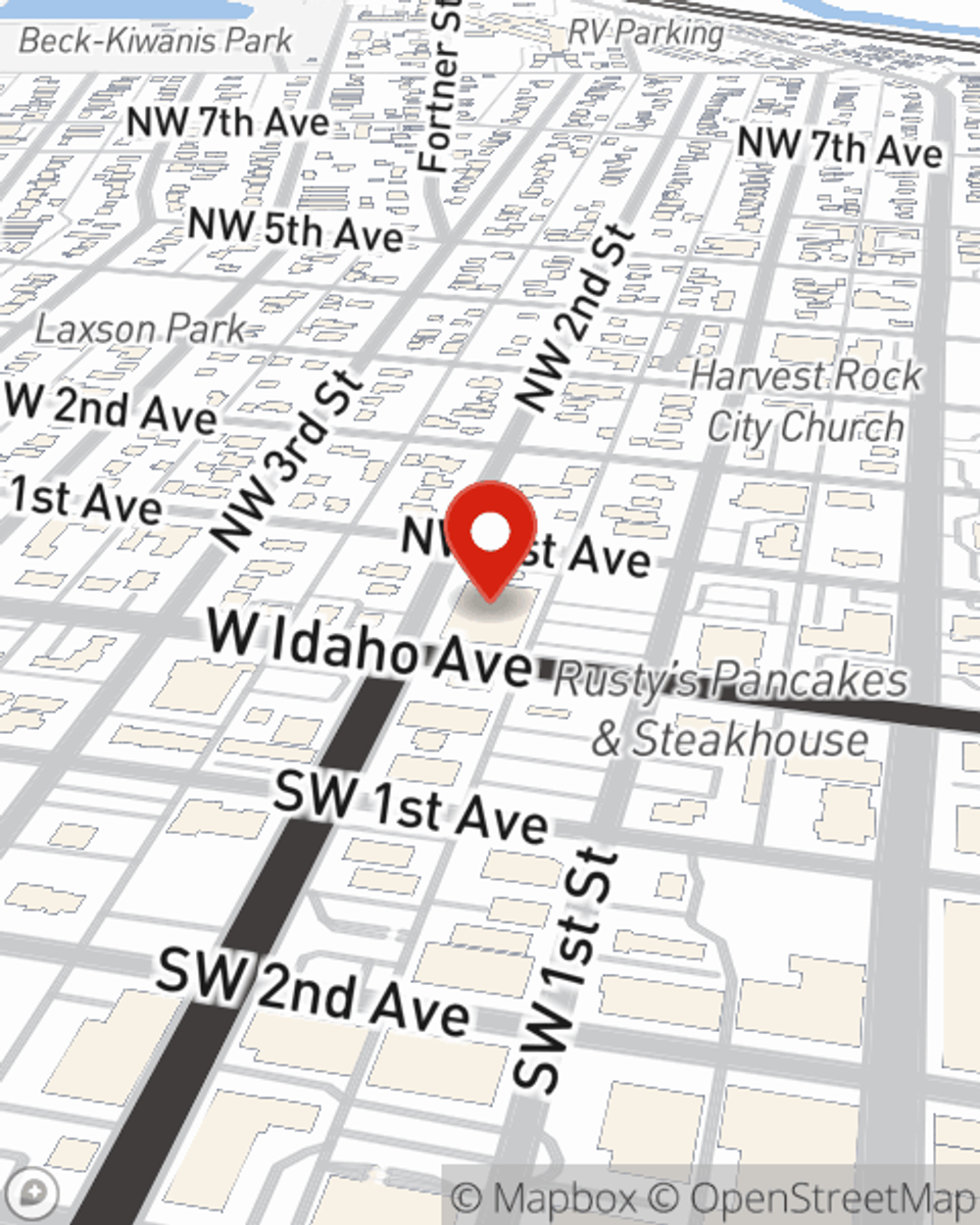 Map showing State Farm Agent Maria Rivera's office at 49 NW 1ST ST, UNIT 6, ONTARIO, OR
