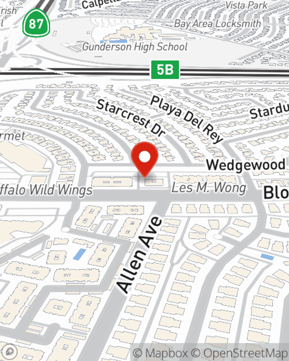 Map showing State Farm Agent Dennis Mesic's office at 835 Blossom Hill Road, Ste 110, San Jose, CA