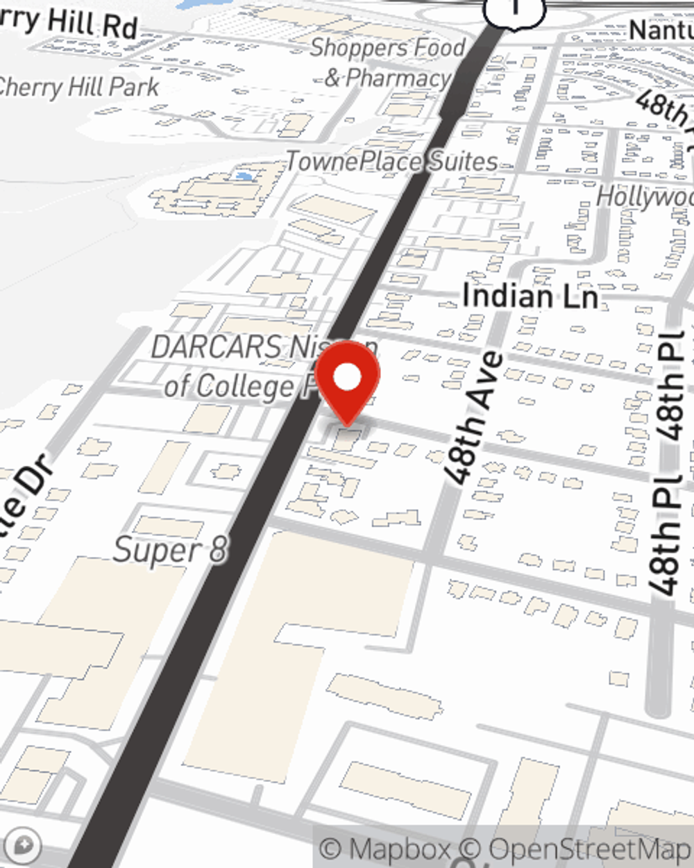 Map showing State Farm Agent Reggie Belcher's office at 9225 Baltimore Avenue, College Park, MD