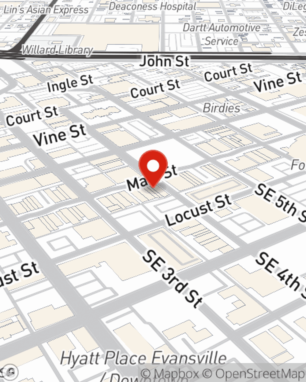 Map showing State Farm Agent Kasey Fuquay's office at 327 Main St., Suite 100, Evansville, IN