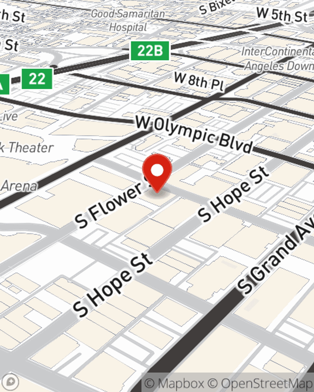 Map showing State Farm Agent Marcus Brown's office at 1100 S Flower St, Suite 2250, Los Angeles, CA