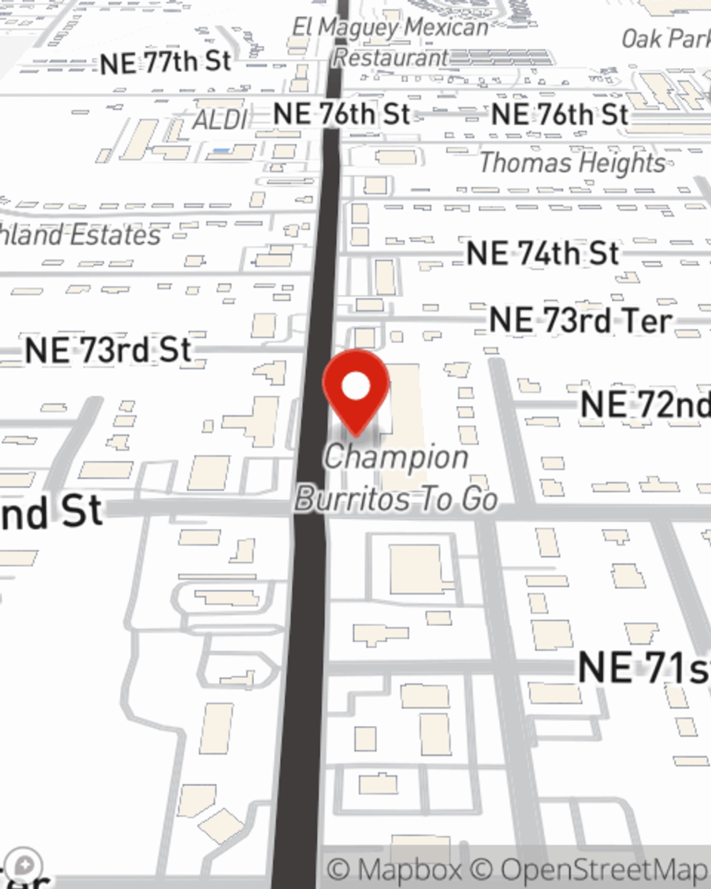 Map showing State Farm Agent Bryan Lopez's office at 7233 N Oak Trfy, Gladstone, MO