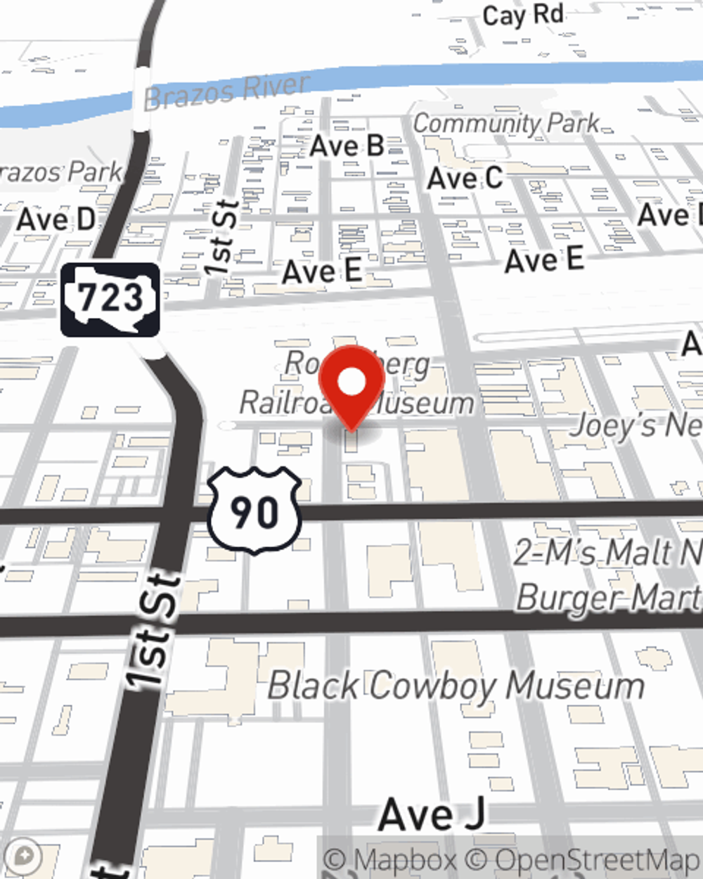 Map showing State Farm Agent Janice Vyoral's office at 1900 Ave G Rosenberg, TX