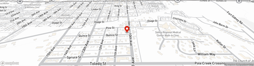 Map showing State Farm Agent Tim Lecher's office at 1640 10th Avenue, Sidney, NE