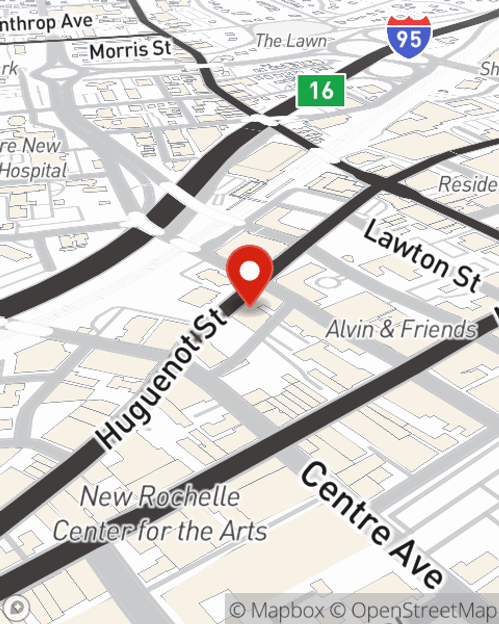 Map showing State Farm Agent Charles Brown III's office at 304 Huguenot st, New Rochelle, NY