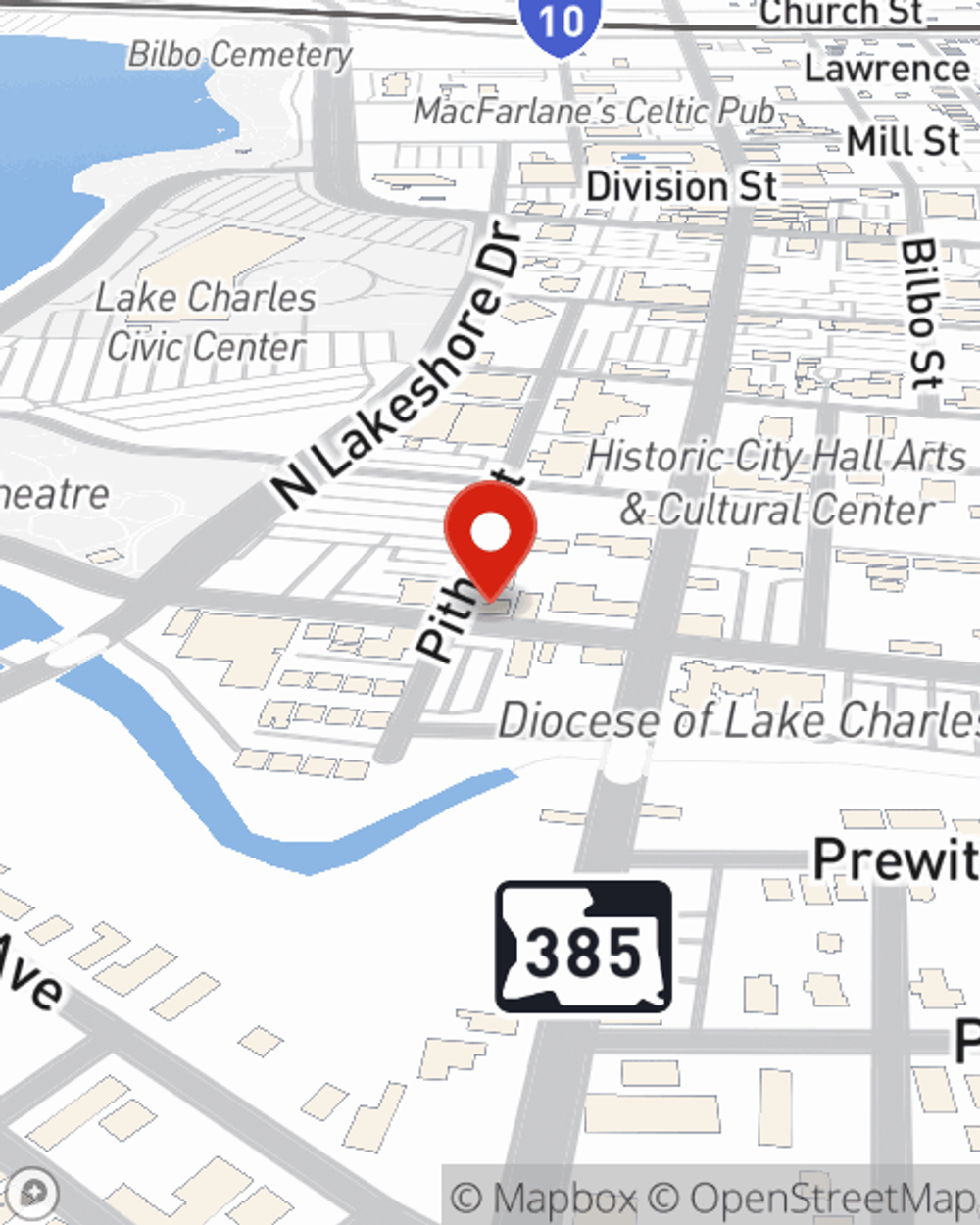 Map showing State Farm Agent Rob Cameron's office at 1131 Pithon St., Lake Charles, LA
