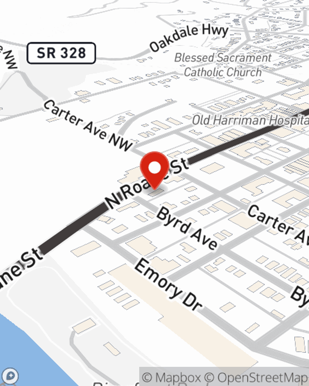 Map showing State Farm Agent Scotty Dykes's office at 114 North Roane Street, Harriman, TN