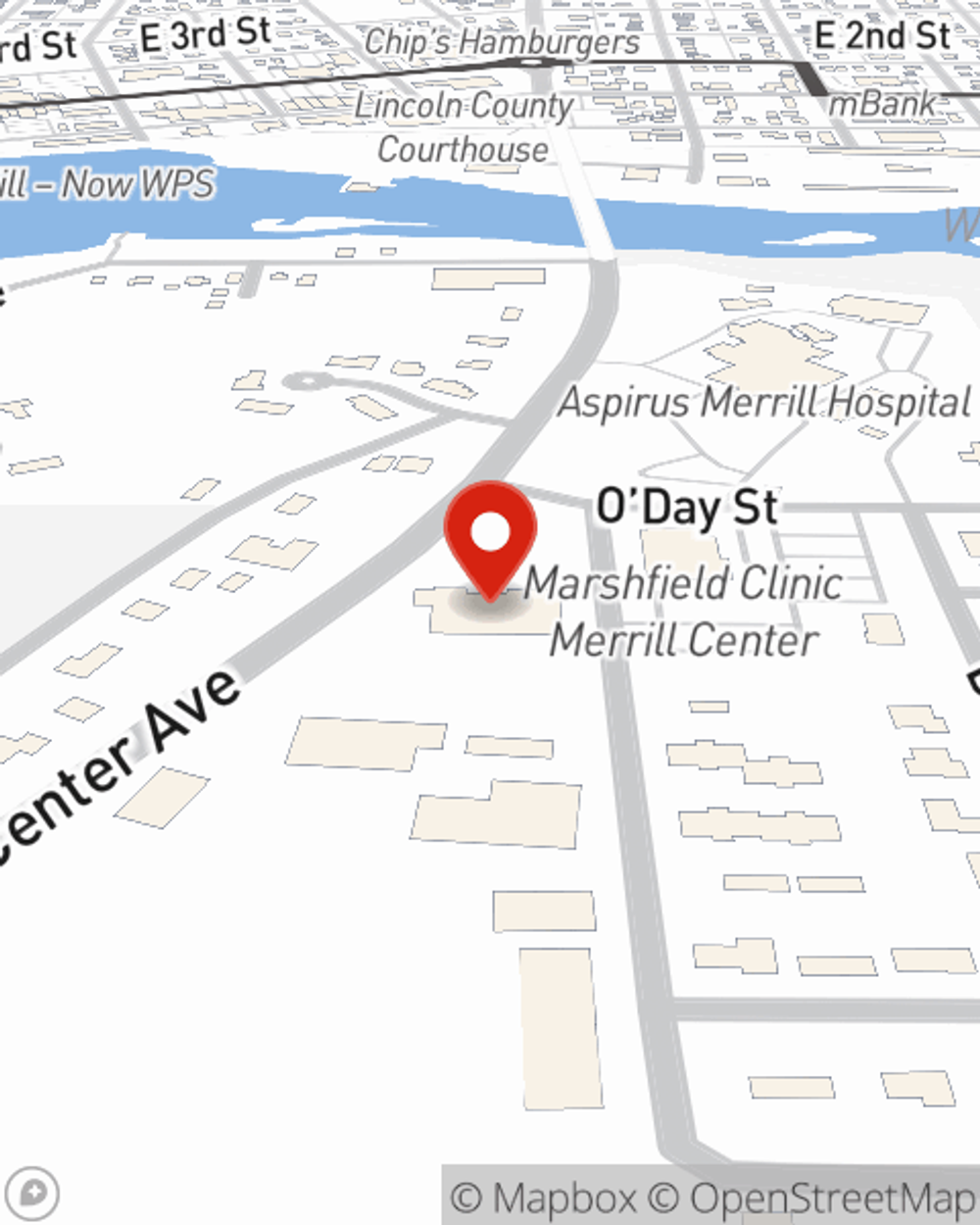 Map showing State Farm Agent Carl Dodge's office at 705 S Center Avenue Suite C, Merrill, WI