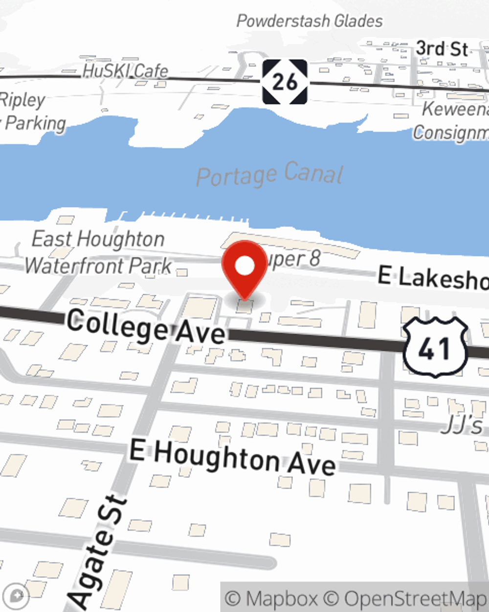 Map showing State Farm Agent Kelly Jepsen's office at 1104 College Ave., Houghton, MI