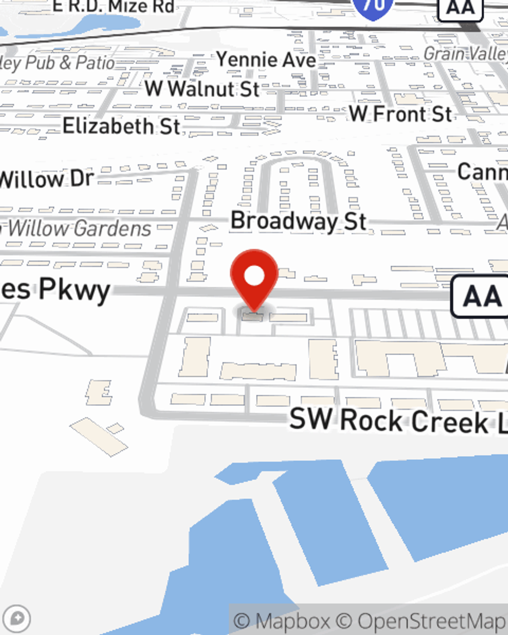 Map showing State Farm Agent Nick Mortallaro's office at 401 SW Eagles Parkway, Grain Valley, MO