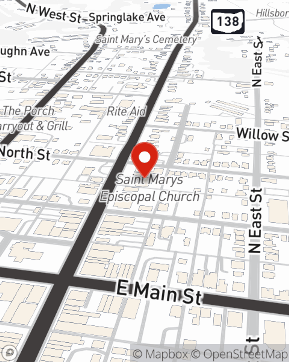 Map showing State Farm Agent Amatha Farrens's office at 226 N High Street, Hillsboro, OH