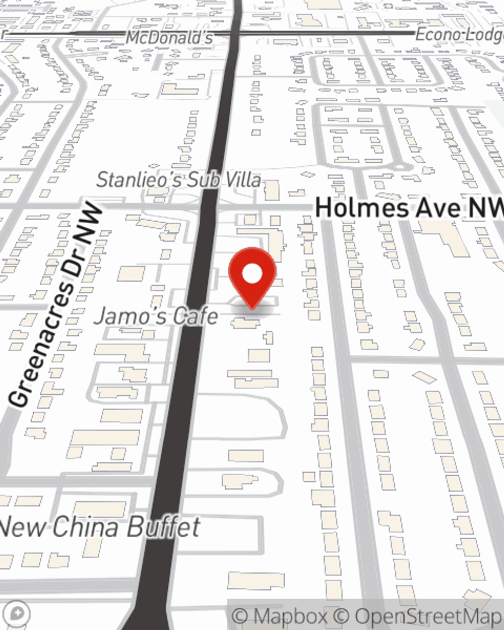 Map showing State Farm Agent Mark Roller's office at 410 Jordan Lane Huntsville, AL