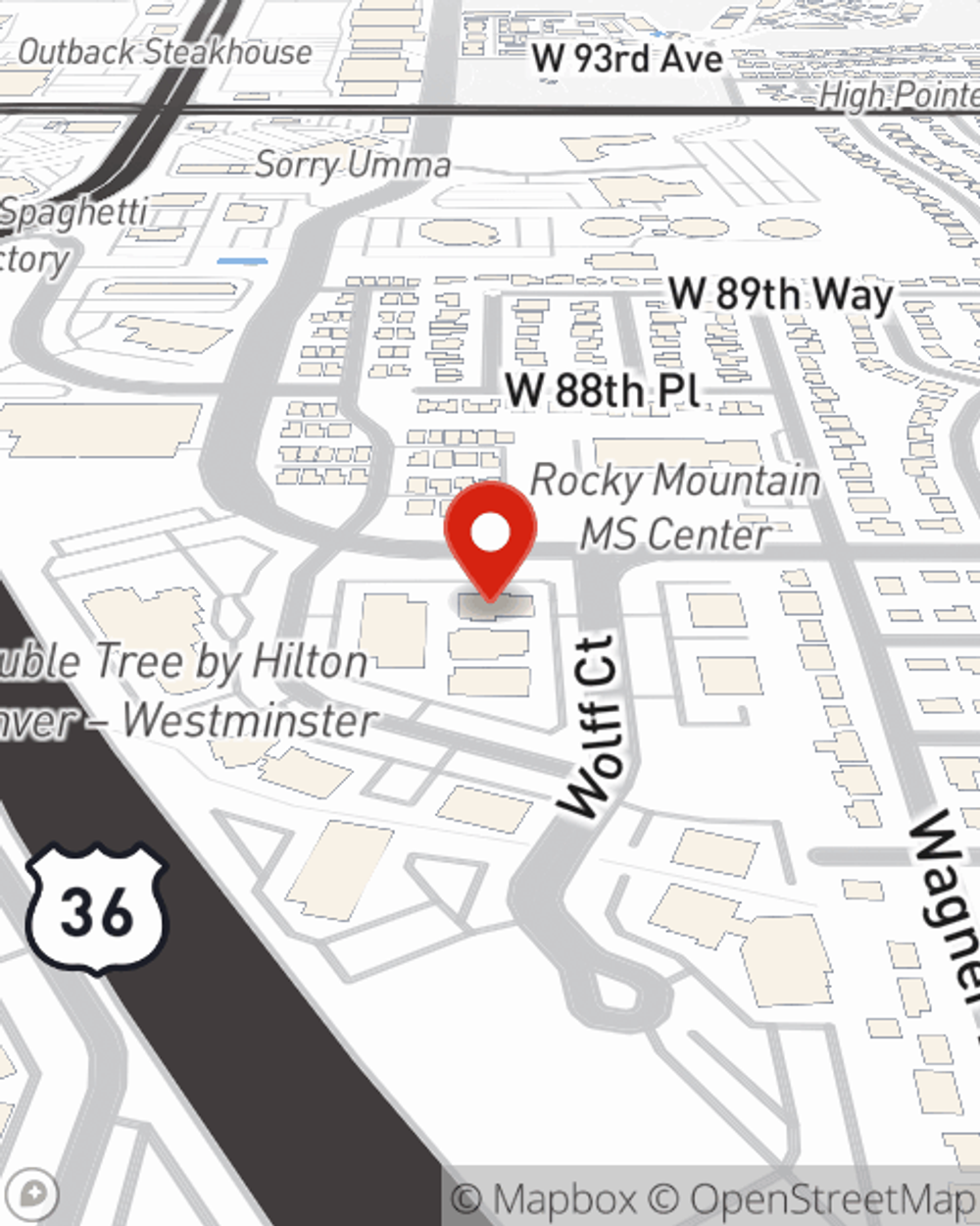 Map showing State Farm Agent Bruce Vezina's office at 8791 Wolff Court, Suite 220, Westminster, CO