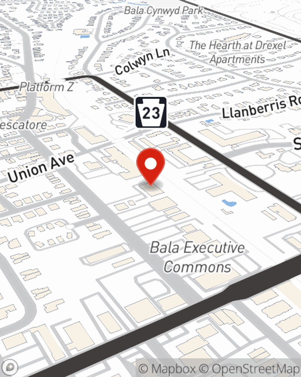 Map showing State Farm Agent Glenn Goodrich's office at 29 Bala Ave, STE 203, Bala Cynwyd, PA