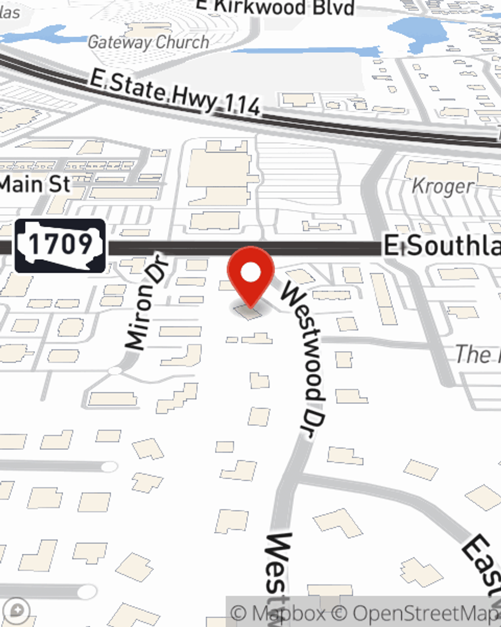 Map showing State Farm Agent Bobby Hudson's office at 1725 E Southlake Blvd Suite 100 Southlake, TX