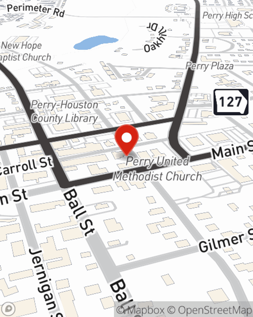 Map showing State Farm Agent Andrew Moore's office at 1001 Washington Street, Perry, GA