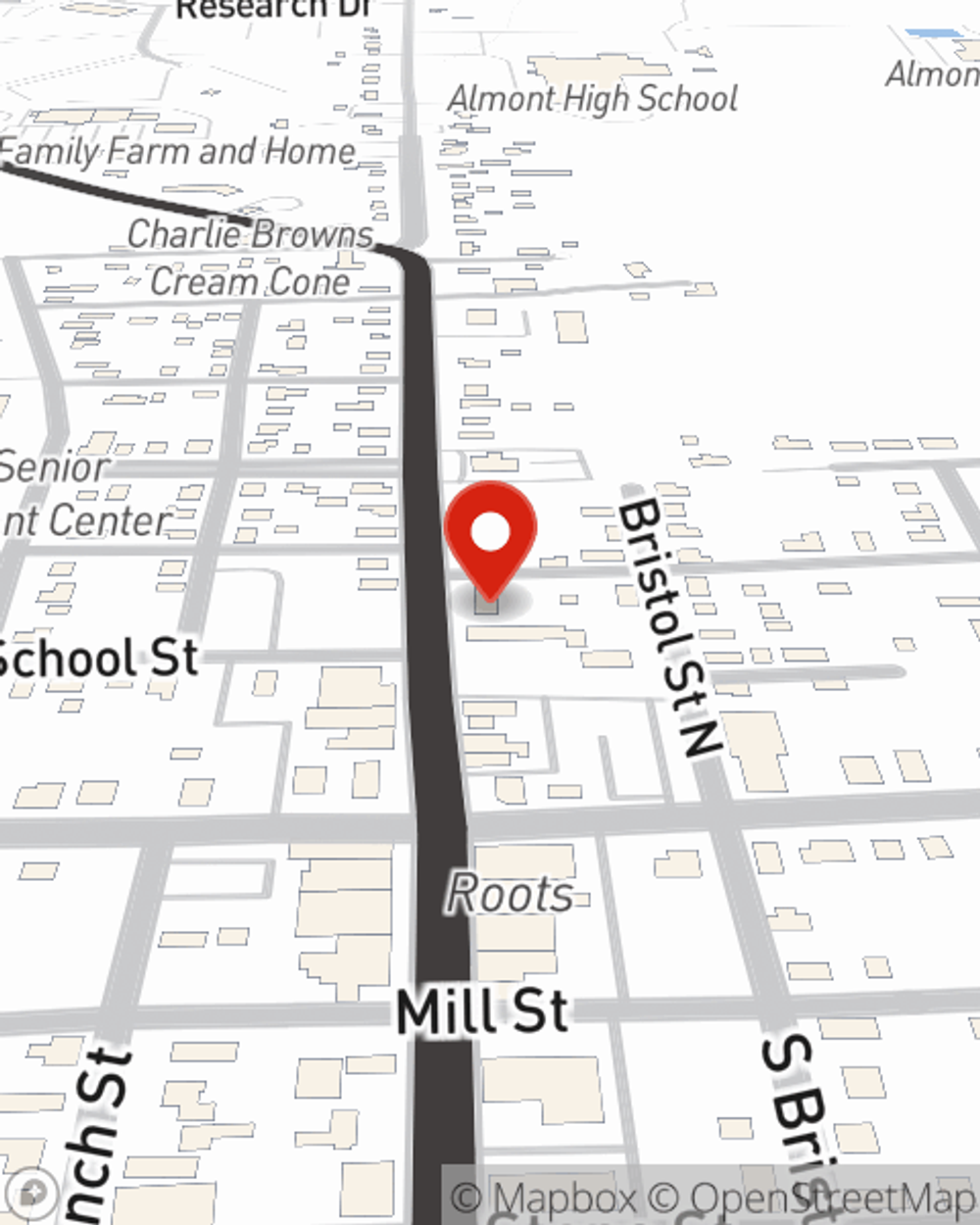 Map showing State Farm Agent Michelle Belesky's office at 214 N Main Street, Almont, MI