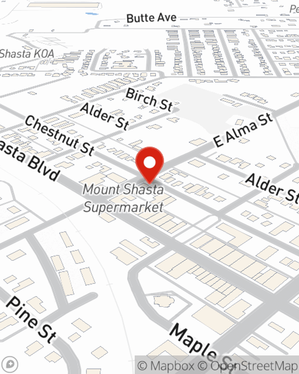 Map showing State Farm Agent Russ Porterfield's office at 115 East Alma Street, Mount Shasta, CA