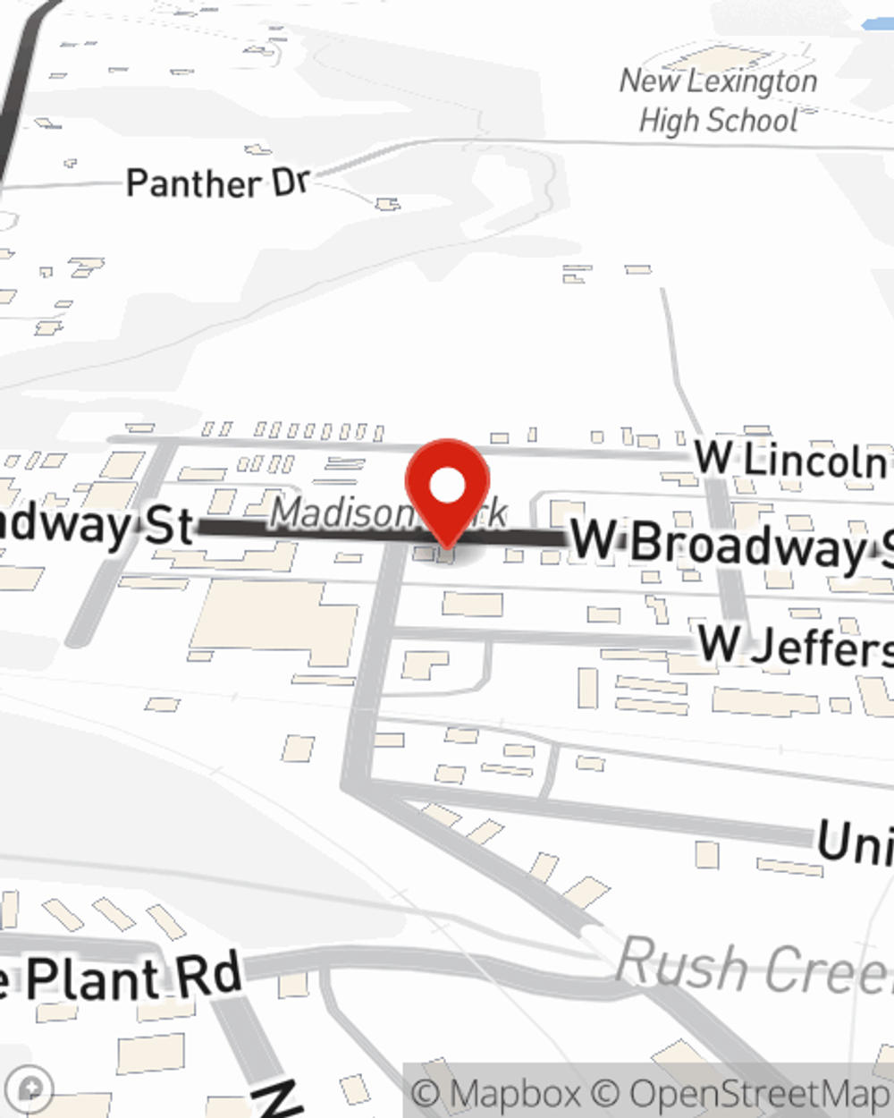 Map showing State Farm Agent Darrin Campbell's office at 233 W Broadway Street, New Lexington, OH